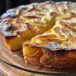 Seitenansicht eines saftigen Apfelkuchens, dekoriert mit Puderzucker und Mandelstiften.