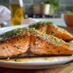 Nahaufnahme von saftigem Lachs in einer cremigen Dill-Zitronen-Soße.