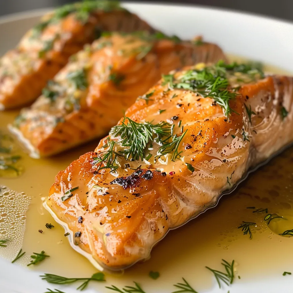 Seiteansicht von Lachsfilets, serviert in einer hellen, cremigen Sauce.
