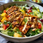 Nahe Aufnahme eines bunten Salats mit Hühnerstreifen.