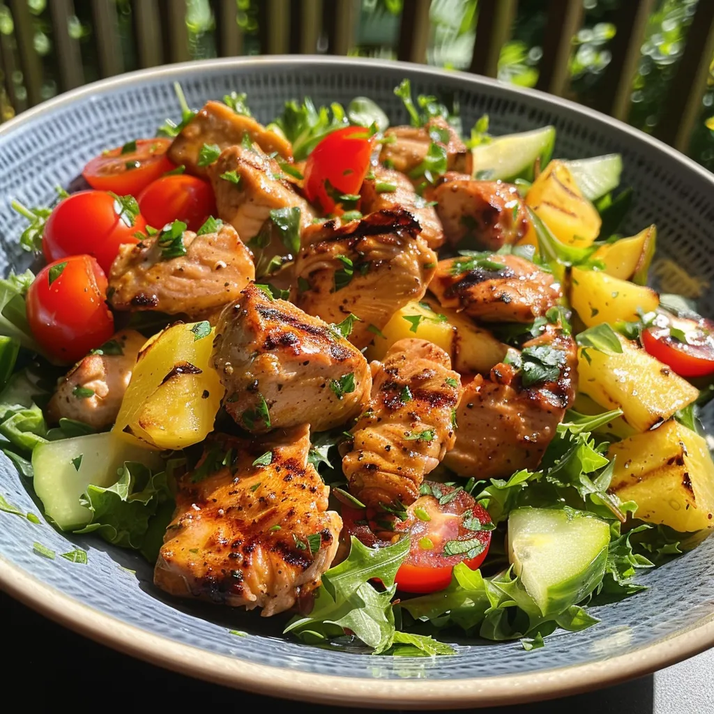 Seiteansicht eines Salats mit gegrillten Hühnerbruststreifen und frischem Gemüse.