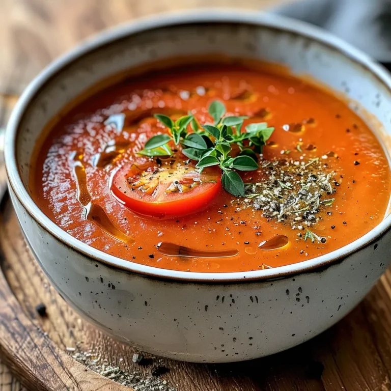 Saftige Tomatensuppe in einer Schüssel, mit frischen Zutaten im Hintergrund.