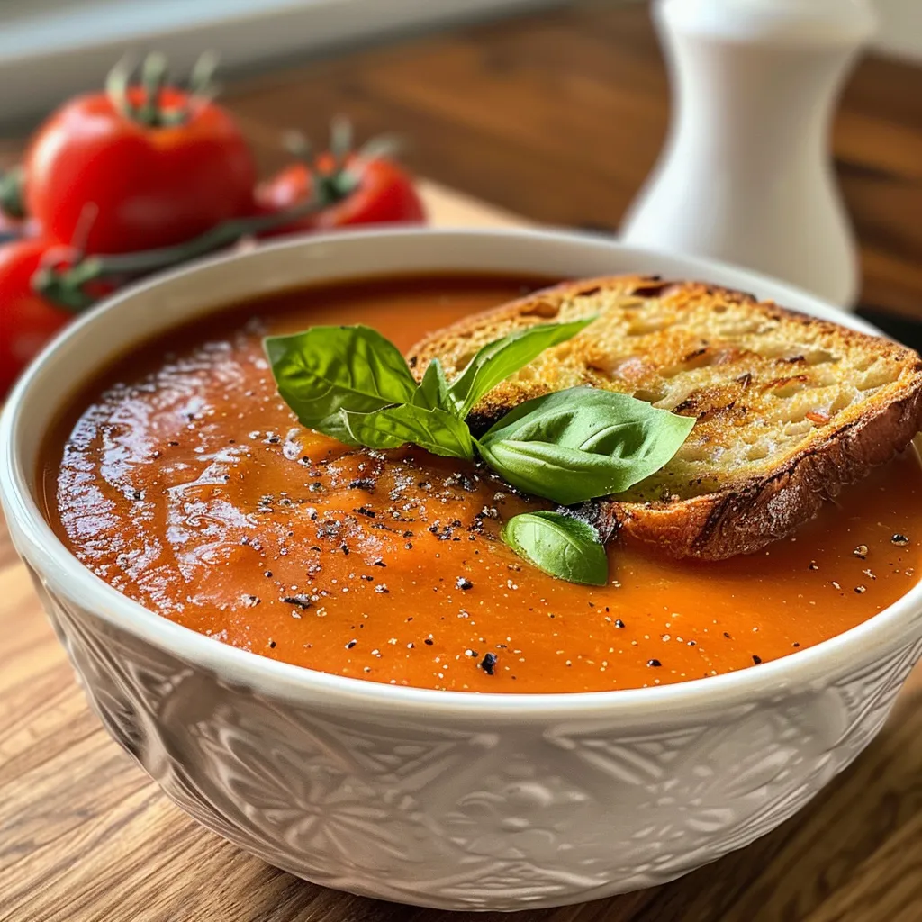 Nahaufnahme einer Schüssel schnelles Rezept für Tomatensuppe aus Dosentomaten.