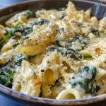 Nahaufnahme eines köstlichen Nudelauflaufs mit Schinken und Käse.