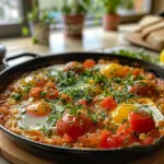 Nahaufnahme von Shakshuka in einer Pfanne mit Eiern und Paprika.