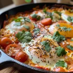 Nahaufnahme von Shakshuka Eier in einer Pfanne, mit frischen Kräutern und Feta.