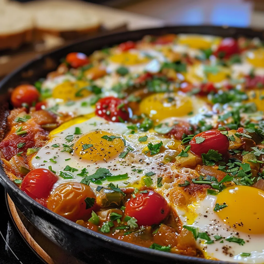 Köstliche Shakshuka Eier in einer rustikalen Pfanne, serviert mit frischen Zutaten.