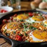 Nahaufnahme von Shakshuka mit Chili in einer Pfanne.