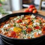 Nahaufnahme einer köstlichen Shakshuka mit Feta.