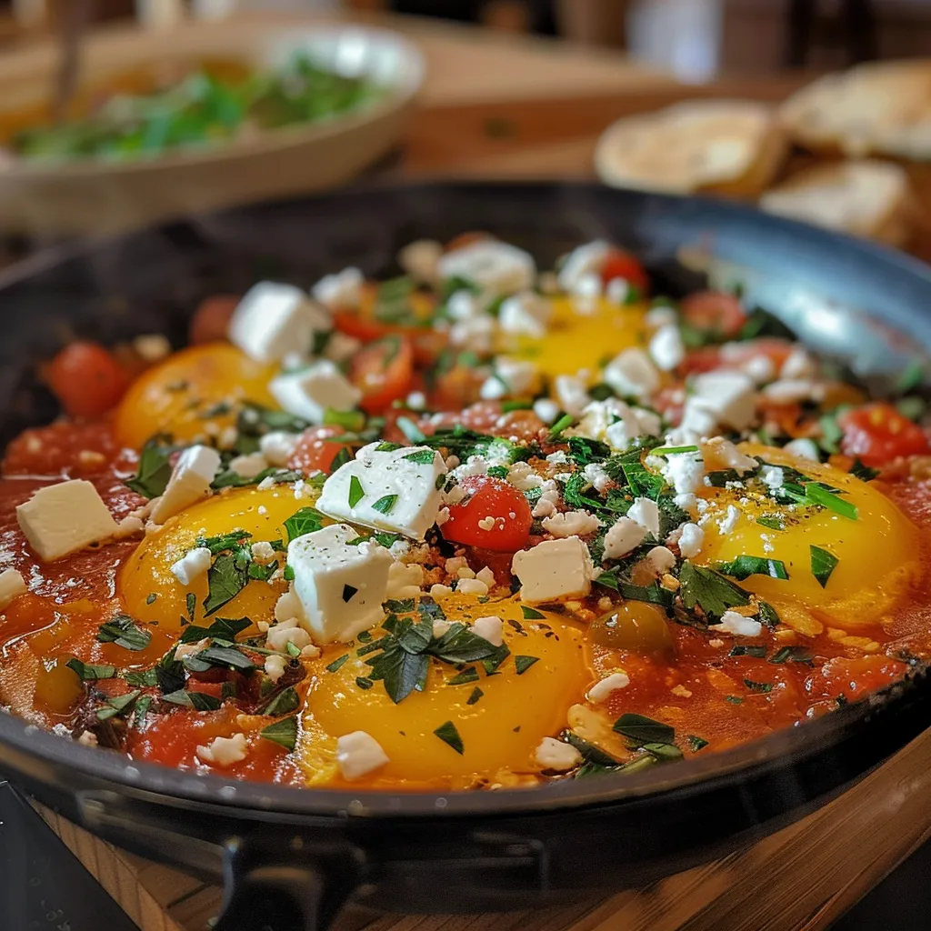 Seiteansicht von Shakshuka mit Feta, serviert in einer Pfanne.