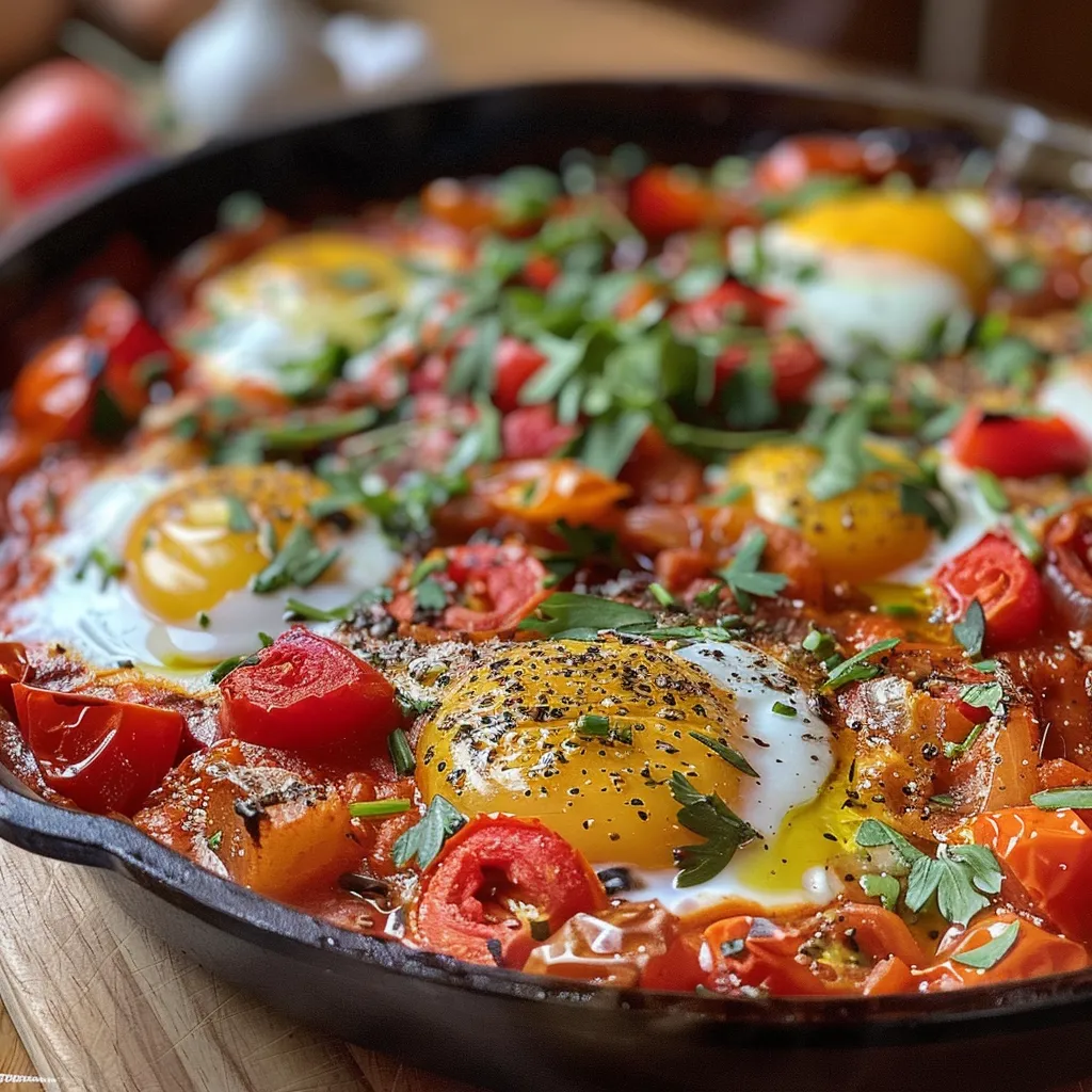 Seiteansicht von Shakshuka mit bunten Paprika und Eiern.