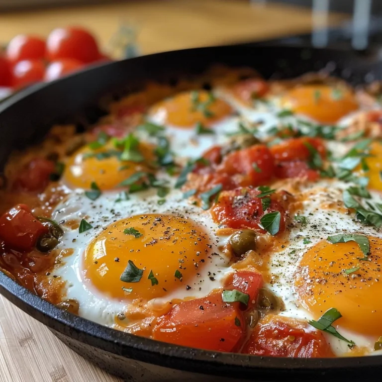 Nahaufnahme eines köstlichen Shakshuka mit Tomaten in einer Pfanne.