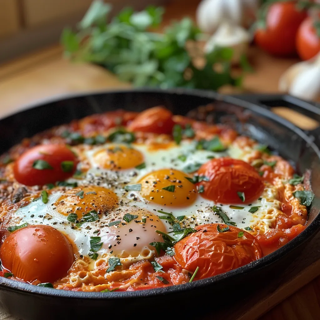 Detailansicht von Shakshuka, serviert mit frischer Petersilie und buntem Gemüse.