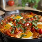 Eine Nahaufnahme von Shakshuka mit Zwiebeln, präsentiert in einer Pfanne.