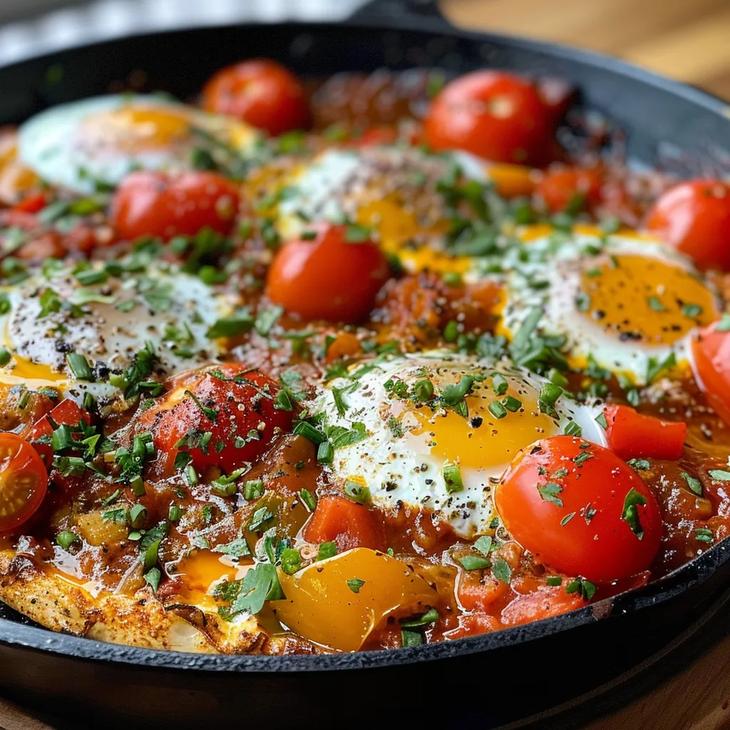 Saftige Shakshuka mit Eiern und Zwiebeln in einem rustikalen Teller.