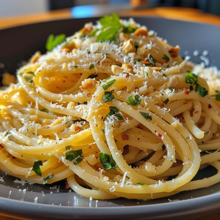 Nahrhafte Spaghetti mit Garnelen und Knoblauch in einer cremigen Sauce.