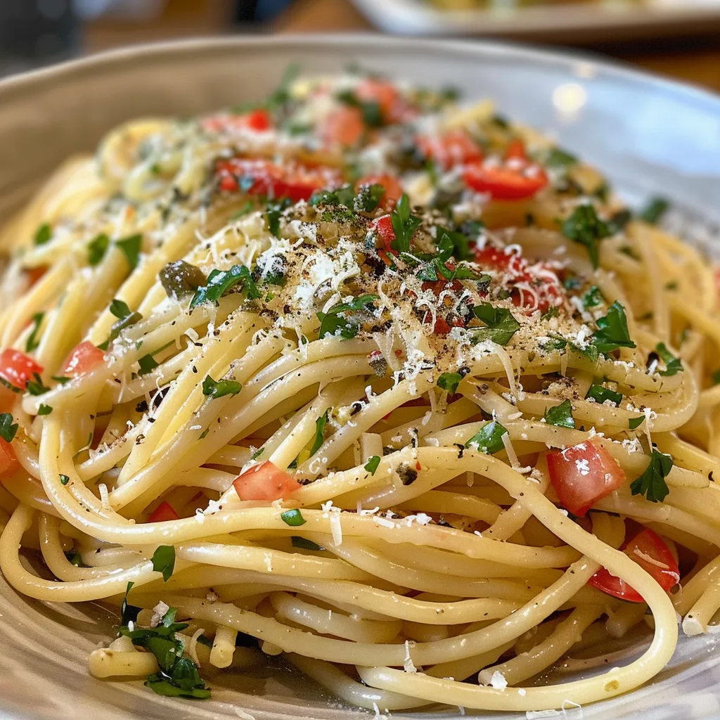 Seitenansicht von saftigen Spaghetti, angerichtet mit Garnelen und frischer Petersilie.