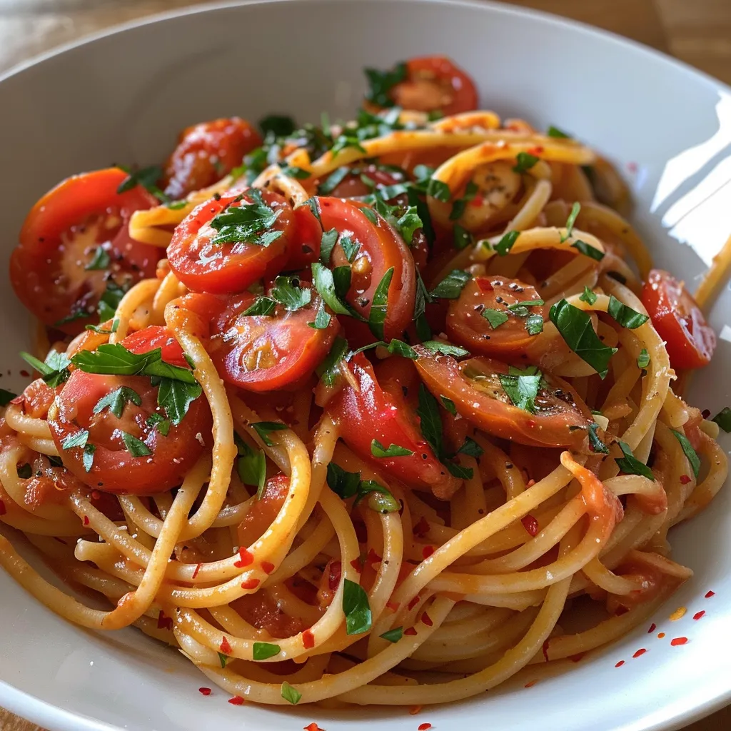 Seiteansicht einer Portion Spaghetti mit Garnelen und Sauce.
