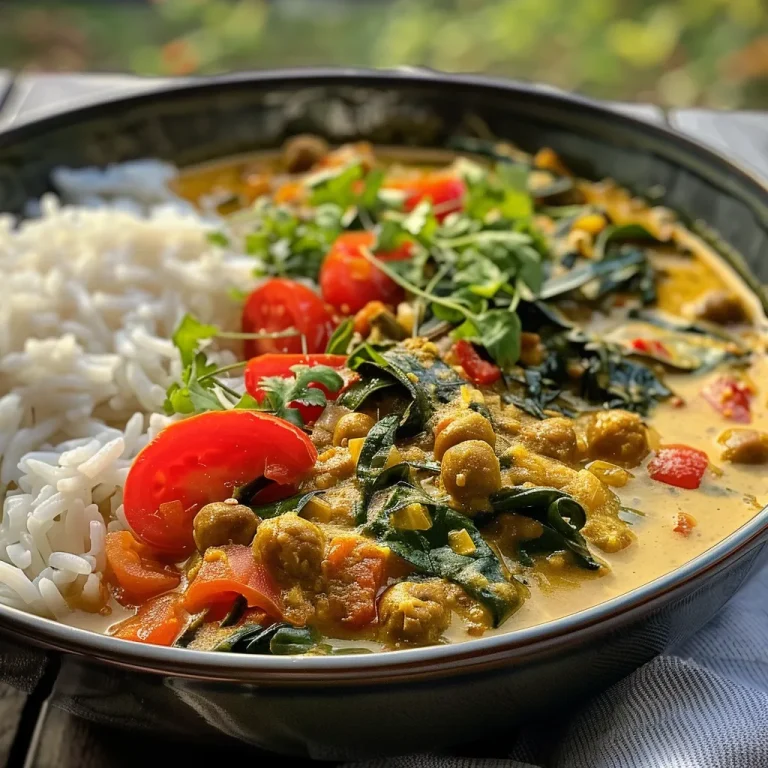 Nahaufnahme von Spinat-Curry mit Kichererbsen und roten Linsen in einer Schüssel.