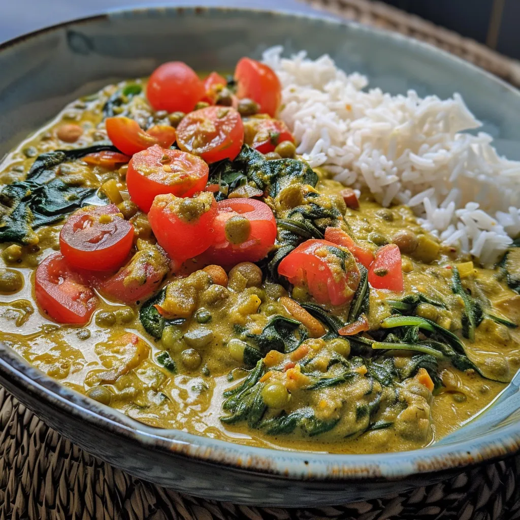 Seitenansicht eines bunten Spinat-Currys mit Kichererbsen und roten Linsen.