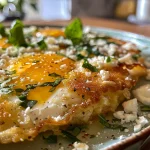 Nahaufnahme von fluffigem Rührei mit frischem Gemüse und Kräutern.