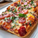 Saftige Pizzabrötchen mit Schinken und Salami, von der Seite fotografiert.