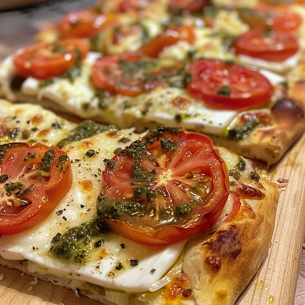 Seitenansicht eines frisch gebackenen Flammkuchens mit Tomaten und Mozzarella.
