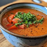 Nahe Aufnahme von Tomatensuppe mit Knoblauch in einer weißen Schüssel.