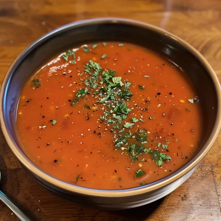 Nahaufnahme einer köstlichen Tomatensuppe aus dem Thermomix in einer Schüssel.