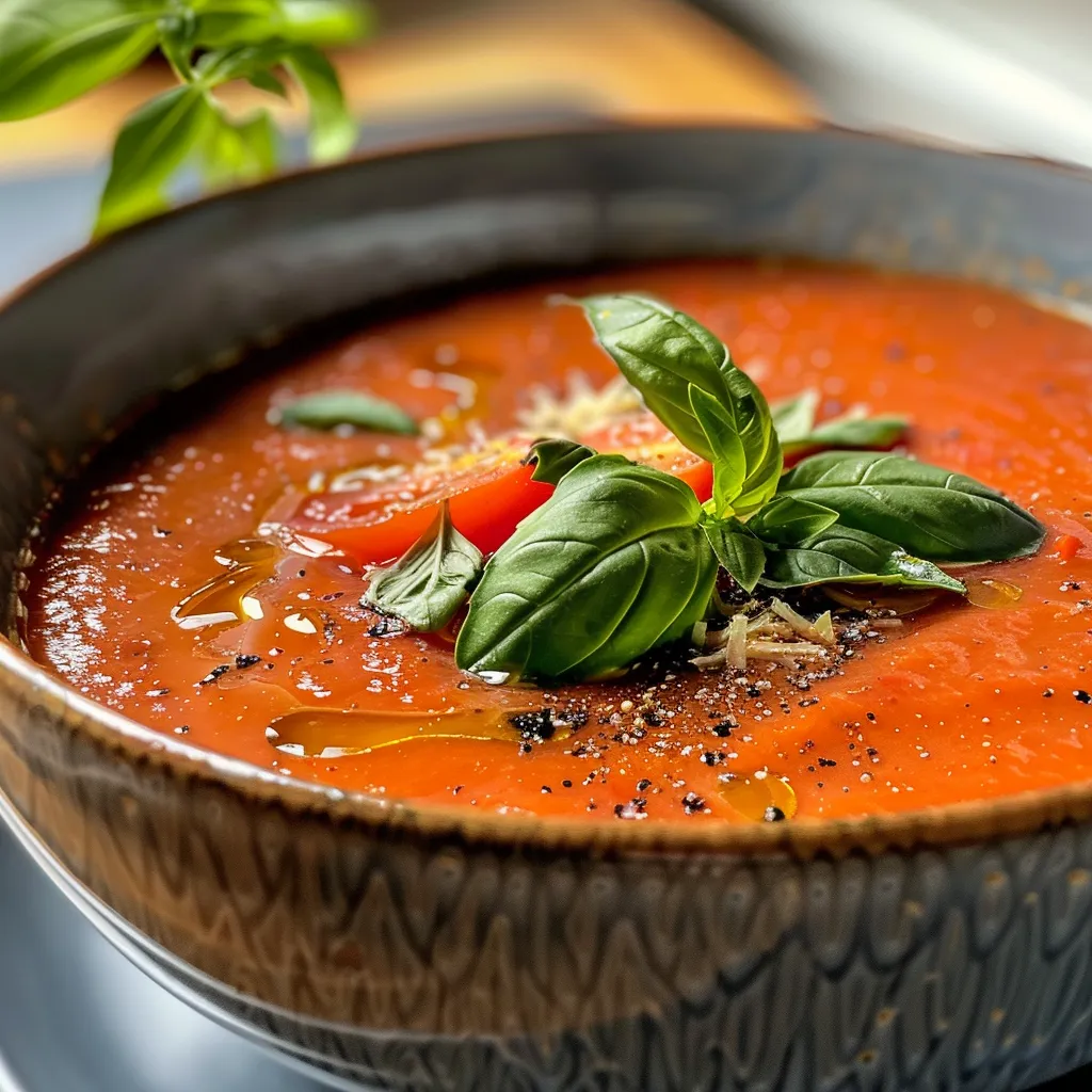 Sicht auf eine appetitlich angerichtete Tomatensuppe mit Basilikum und Croutons.