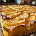 Saftiger Apfelkuchen in Nahaufnahme mit einer goldbraunen Kruste.