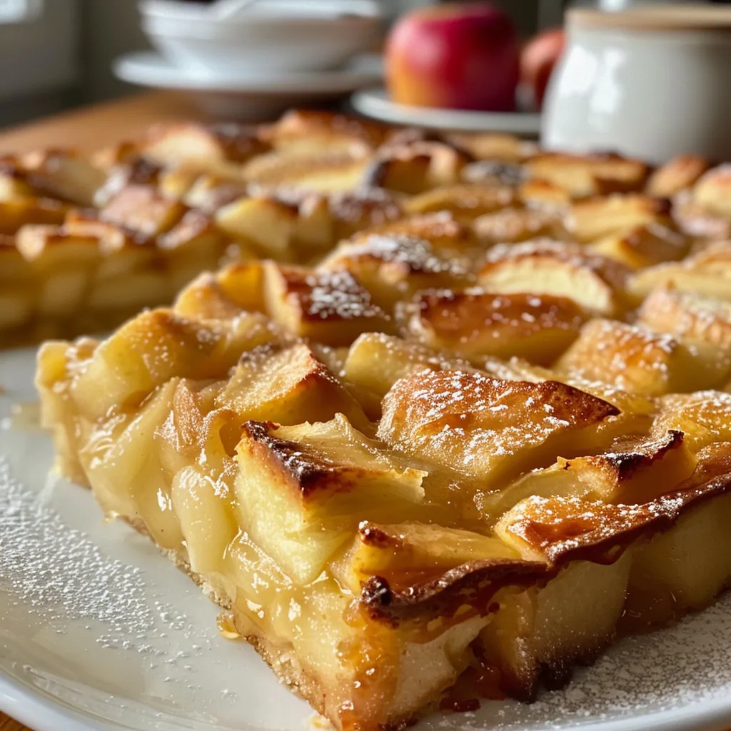 Seiteansicht eines frisch gebackenen Apfelkuchen, der mit Äpfeln dekoriert ist.