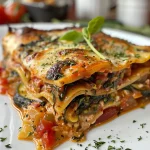 Seiteansicht einer saftigen vegetarischen Lasagne mit Zucchini, Aubergine und Spinat.