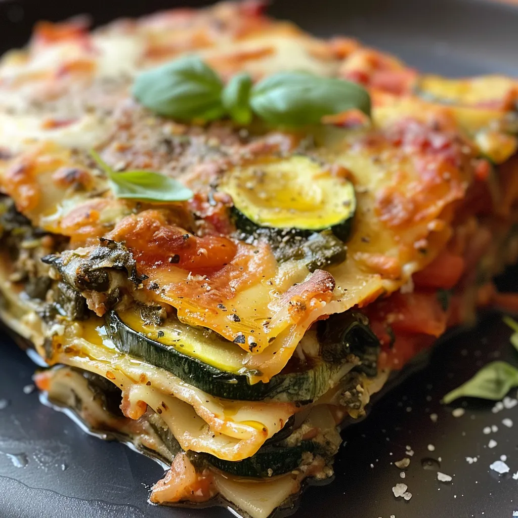 Nahaufnahme einer köstlichen Lasagne, mit Zucchini und Paprika, serviert mit Basilikumblättern.