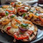 Saftige vegetarische Pizzabrötchen mit roter Paprika und Gouda, seitlich aufgenommen.
