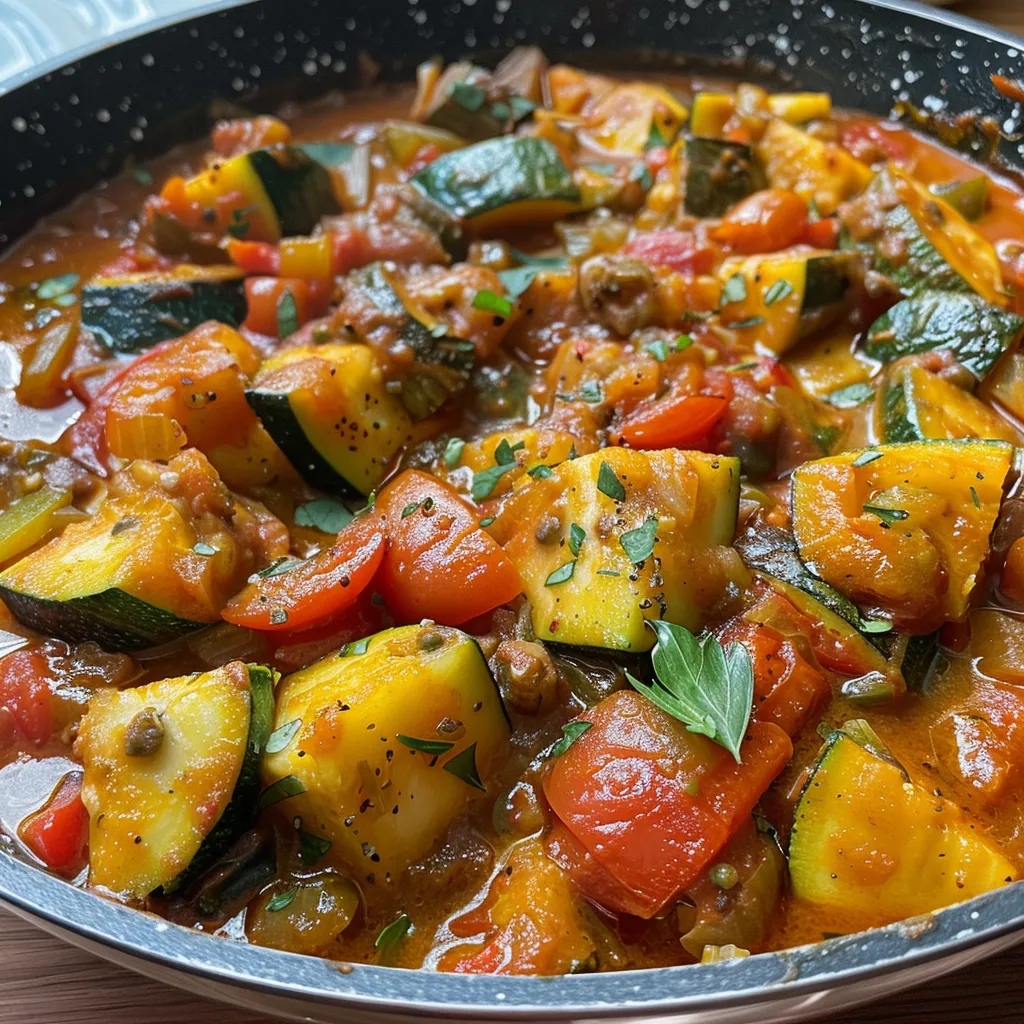Seitenansicht einer köstlichen Vegetarischen Reispfanne mit Zucchini und Paprika.