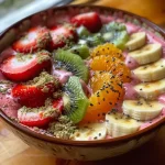 Nahaufnahme eines Erdbeer-Smoothie-Bowls mit frischen Früchten und Joghurt.