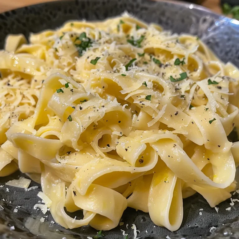 Nahaufnahme von cremiger Zitronenpasta in einer Schüssel.