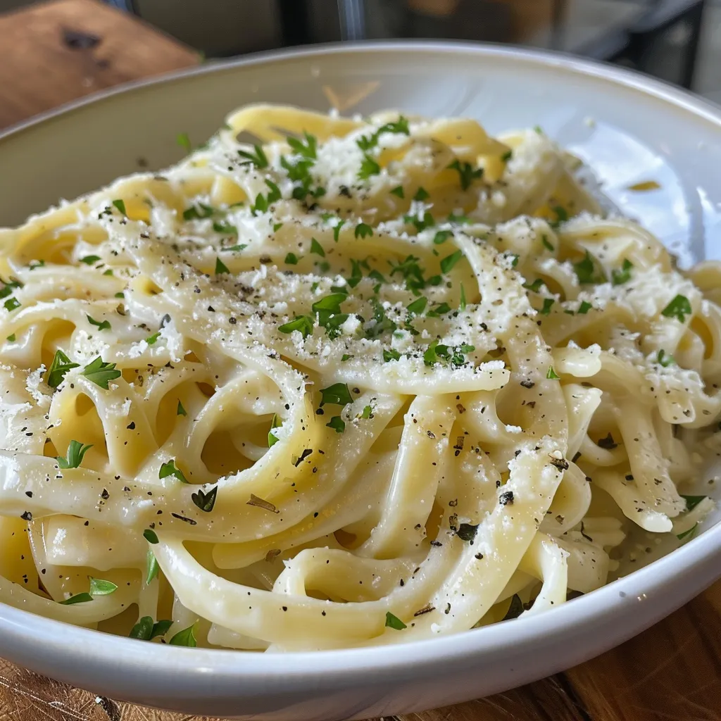Seiteansicht eines Tellers mit Zitronenpasta und frischem Parmesan.
