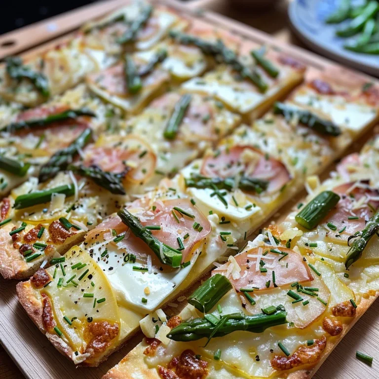 Nahaufnahme eines cremigen Flammkuchens mit Spargel und Kochschinken.