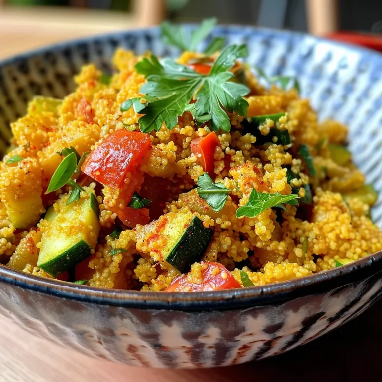 Nahaufnahme einer bunten Couscous-Schüssel mit geröstetem Gemüse.