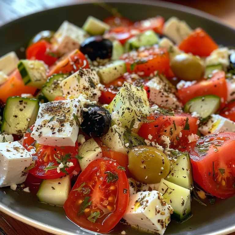 Nahaufnahme eines Griechischen Bauernsalats mit frischen Zutaten.