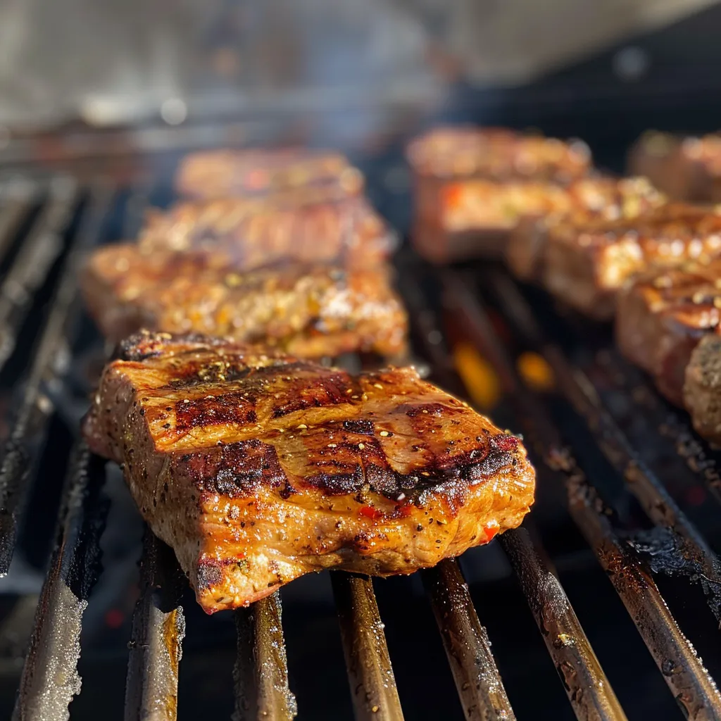 Nahaufnahme von gegrillten Hähnchenschenkeln mit Gewürzen und Kräutern.