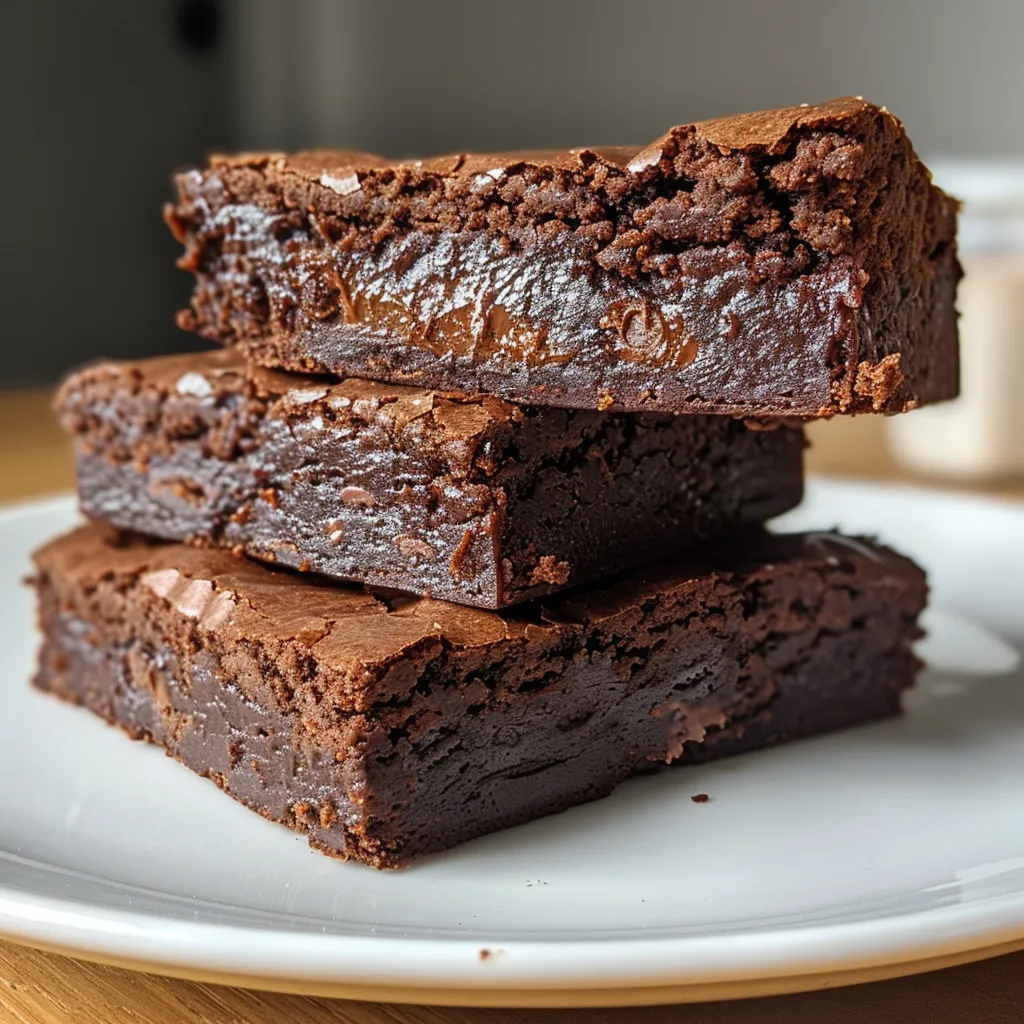Dicht gepackte Brownies mit schmelzender Schokolade, seitliche Perspektive.