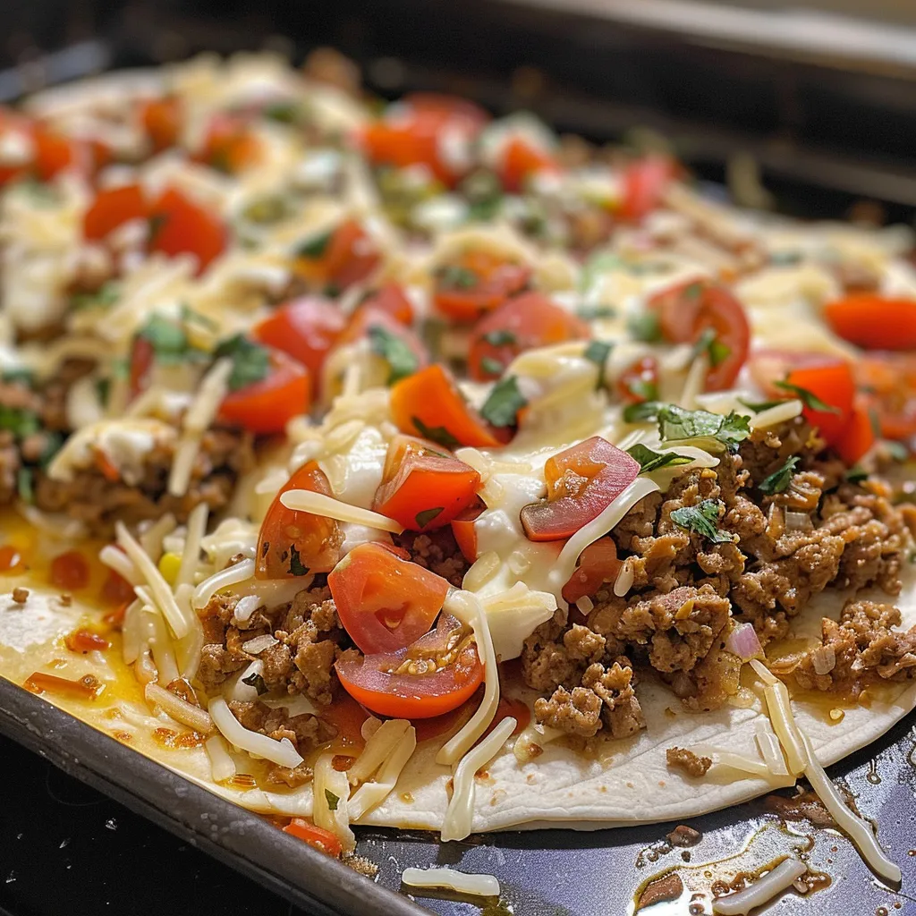 Seitenansicht einer herzhaften Käse-Blumenkohlboden Taco-Pfanne auf einem hellen Hintergrund.