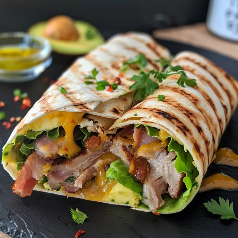 Saftiger Käse-Knoblauch Hähnchen Wrap mit Avocado und Ranch Dressing, seitliche Ansicht.
