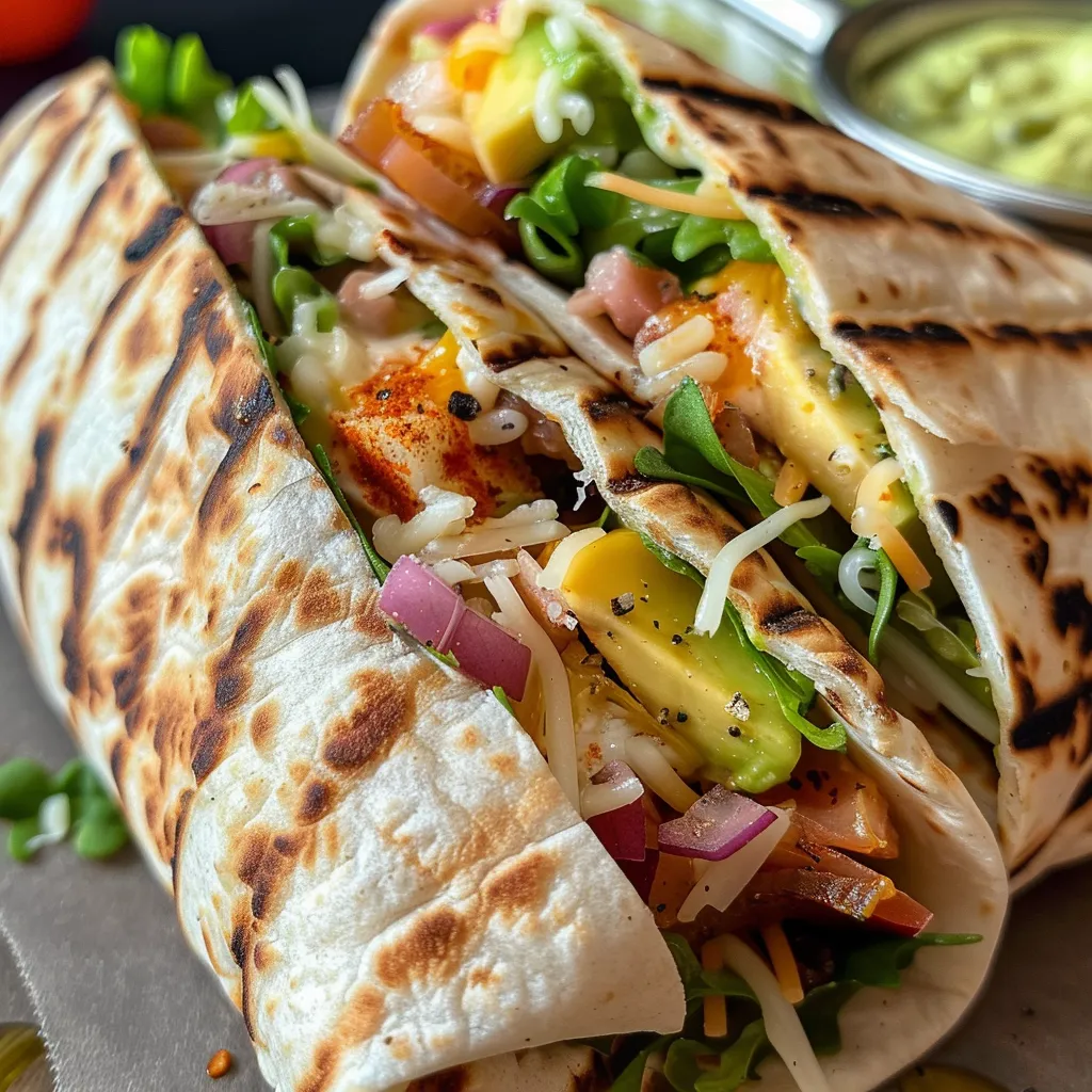 Nahaufnahme eines Hähnchen-Wraps gefüllt mit Käse, Knoblauch und Avocado, auf einem weißen Teller.