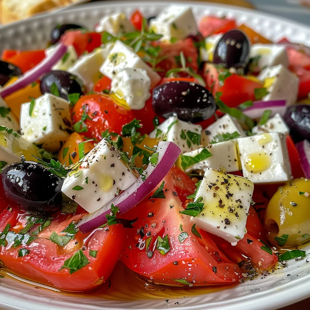 Seitenansicht eines bunten Klassischen Griechischen Salats auf einem weißen Teller.