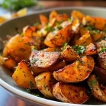 Naheaufnahme eines Kräuter-Kartoffelsalats in einer Schüssel.