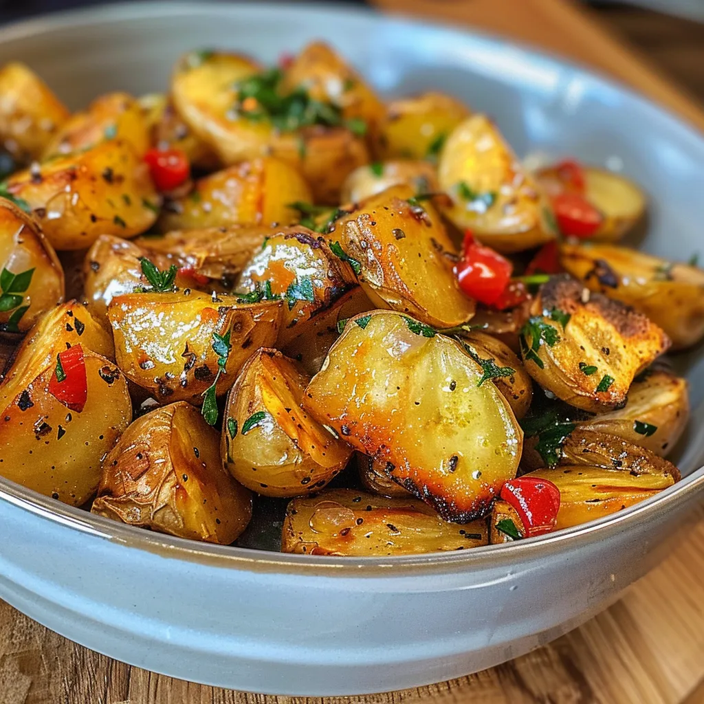 Seitenansicht eines leckeren Kartoffelsalats mit frischen Kräutern.